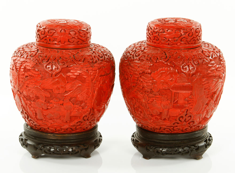 Appraisal: - Chinese Carved and Covered Jars Carved red lacquered jars