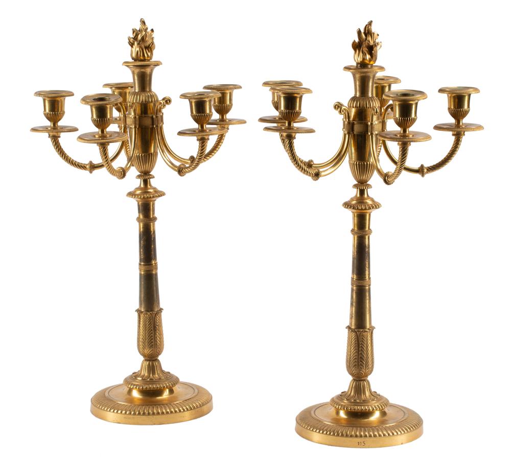 Appraisal: Pair of Charles X Gilt Bronze Six-Light Candelabra removable flame