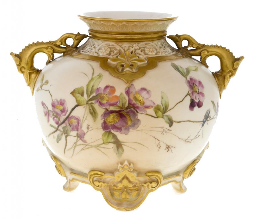 Appraisal: A ROYAL WORCESTER DRAGON-HANDLED VASE of compressed form decorated with