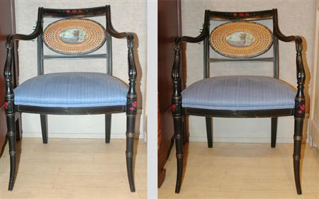 Appraisal: Set of Nine Regency Style Black Painted and Caned Armchairs