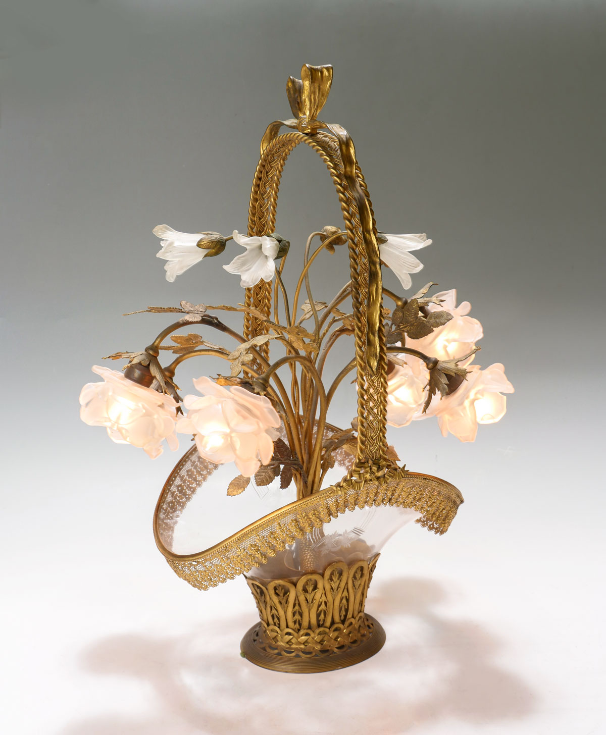 Appraisal: GILT BRONZE GLASS FLOWER BASKET LAMP Gilt bronze openwork basket