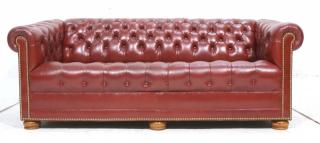 Appraisal: Burgundy Leather Chesterfield Sofa Couch Tufted Leather with brass tack