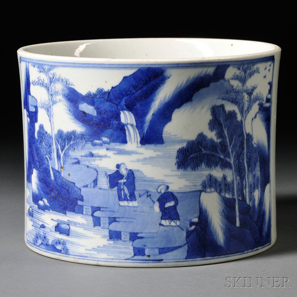 Appraisal: Blue and White Brush Pot Chinese th century cylindrical shape