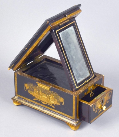 Appraisal: Black Lacquer Gilt Jewelry BoxWith folding mirror Closed x x