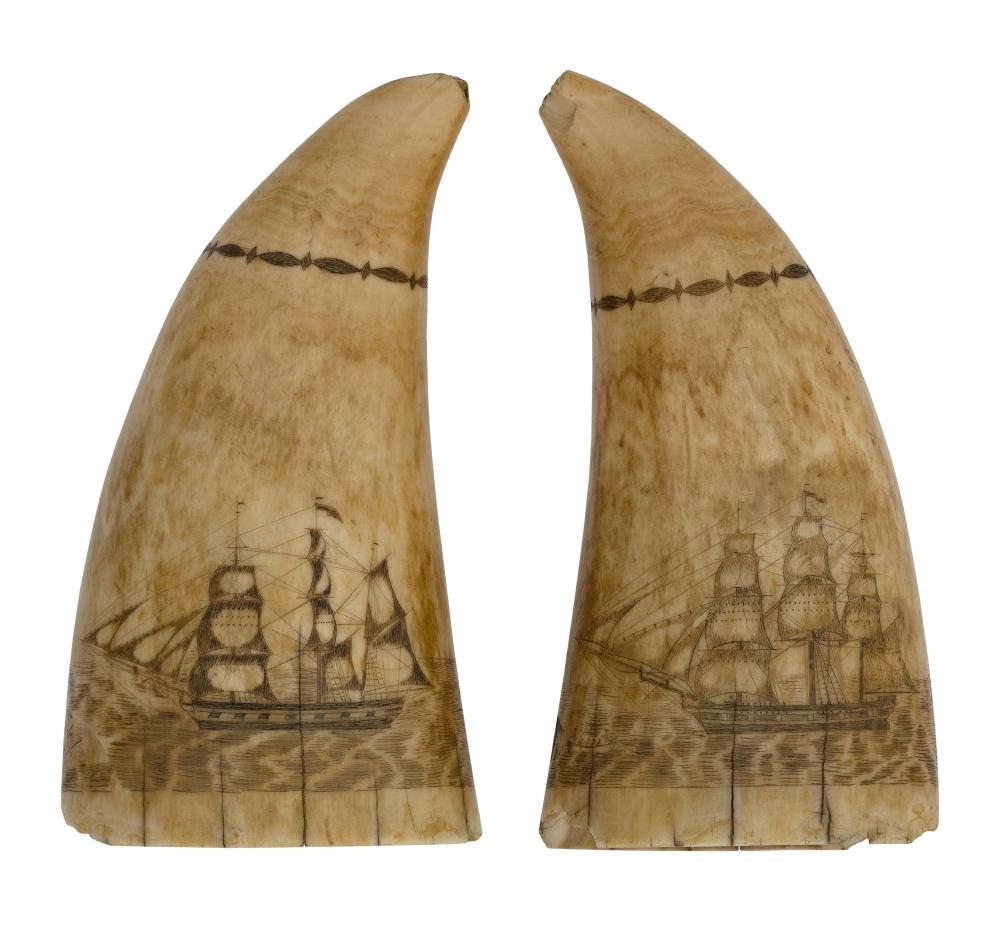 Appraisal: PAIR OF SCRIMSHAW WHALE'S TEETH WITH WHALING SCENES MID- TH