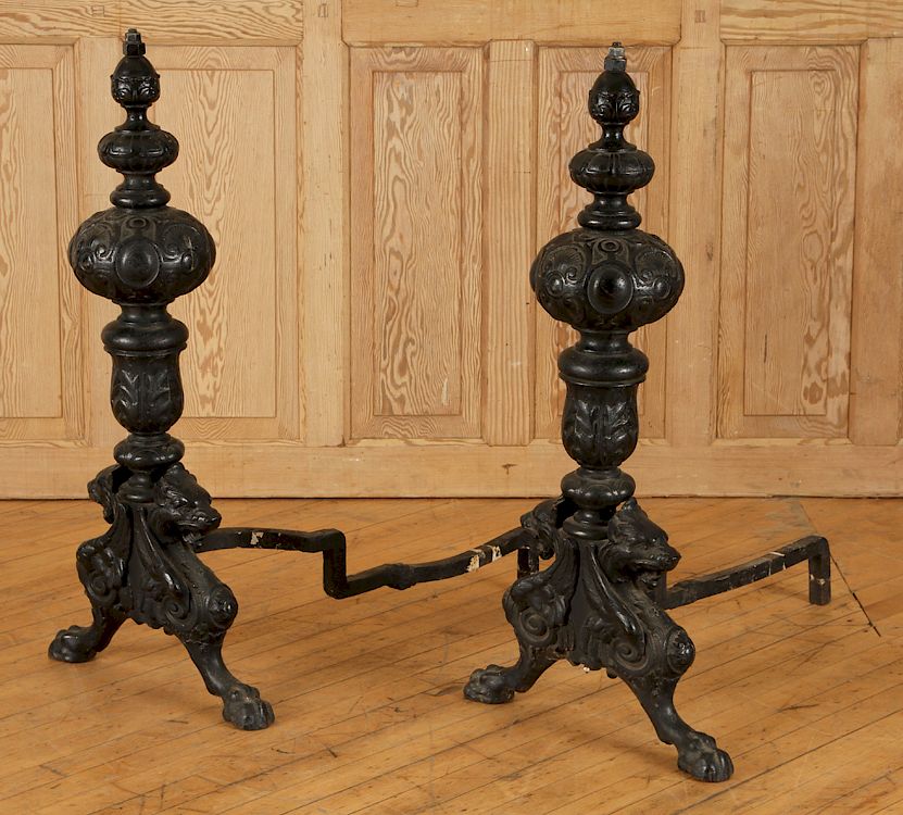 Appraisal: MONUMENTAL PAIR CAST IRON GRIFFIN ANDIRONS C A monumental pair