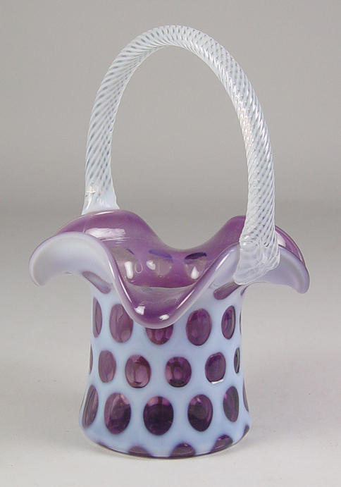 Appraisal: Fenton Lavender White Cased Glass Basket Mid th Century Applied