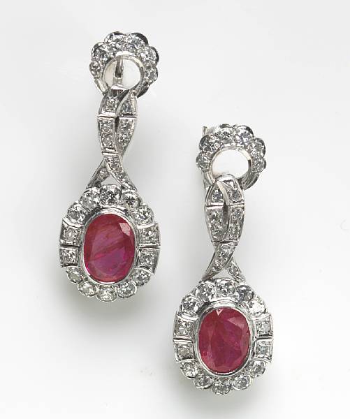 Appraisal: A pair of ruby diamond and k white gold earrings