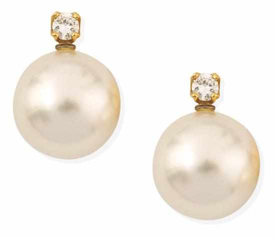 Appraisal: A PAIR OF SOUTH SEA PEARL AND DIAMOND EARRINGS BY