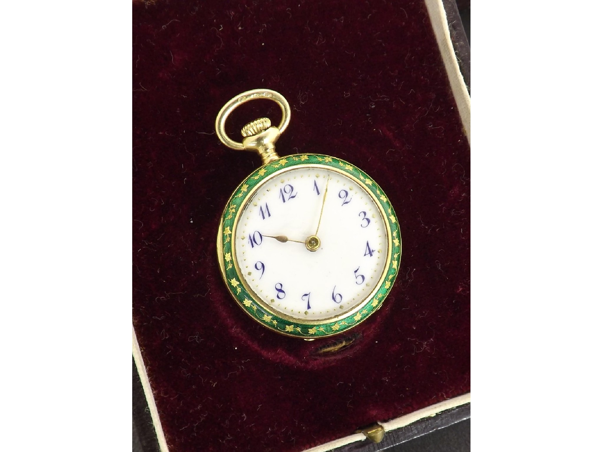 Appraisal: Attractive ct green enamel and diamond fob watch circa gilt