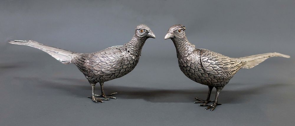 Appraisal: Pair of Sterling Silver Pheasants Fine pair of sterling silver