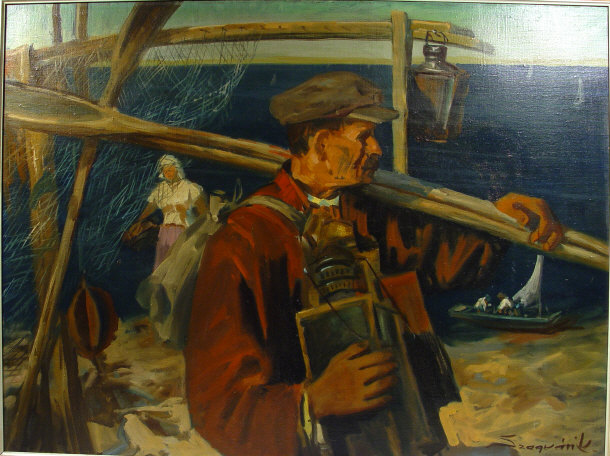 Appraisal: Szequink - Oil onto canvas of a fisherman on the