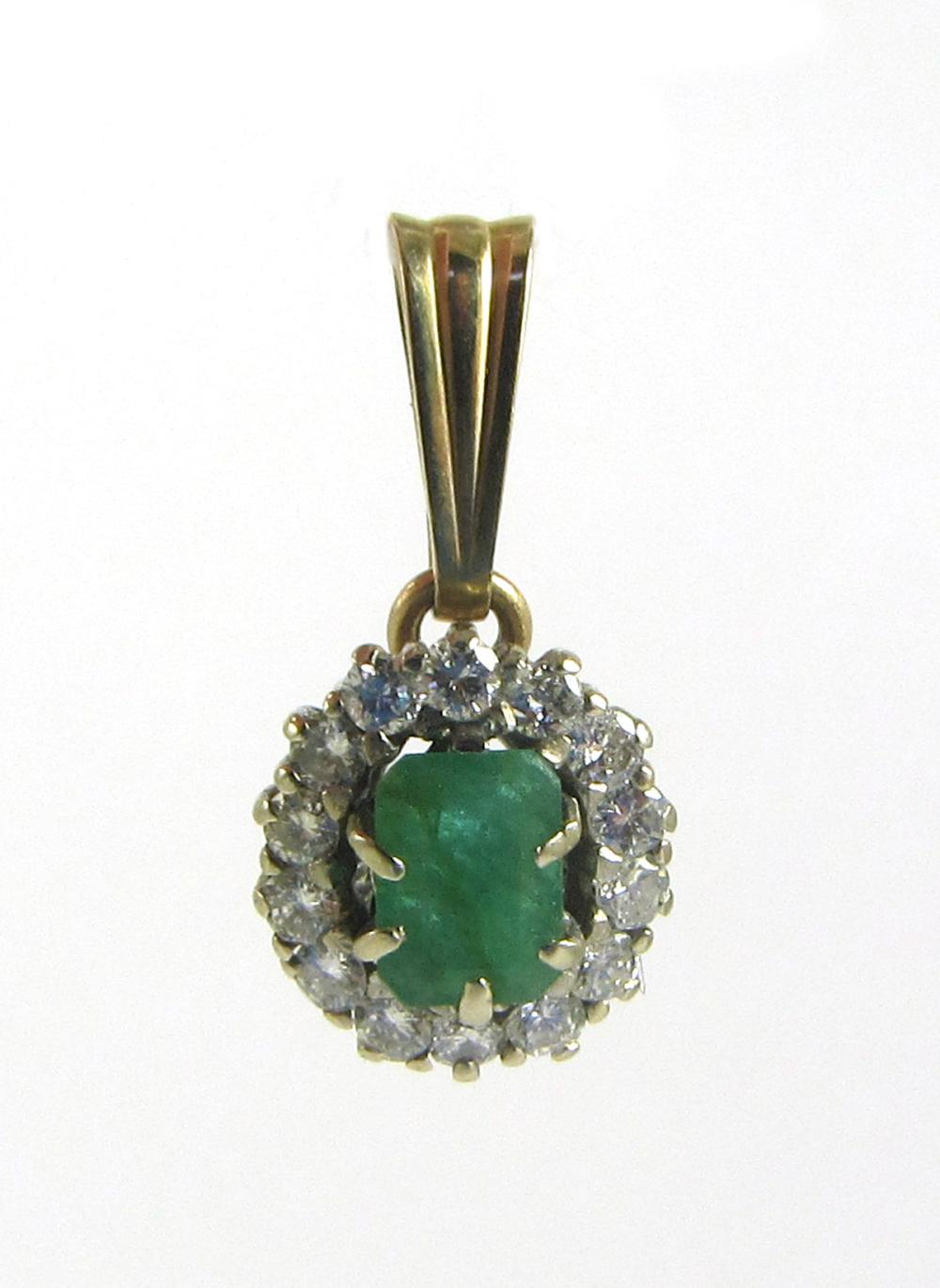 Appraisal: EMERALD DIAMOND AND FOURTEEN KARAT GOLD PENDANT with round-cut diamonds