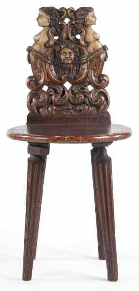 Appraisal: Sagabello Style Side Chairlate th century oak carved and polychrome