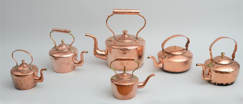 Appraisal: Group of Six English Copper Kettles One with swing handle