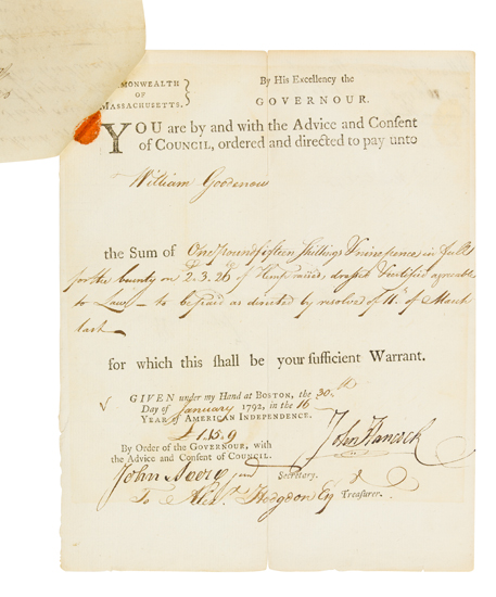 Appraisal: HANCOCK JOHN Partly-printed Document Signed as Governor of Massachusetts ordering