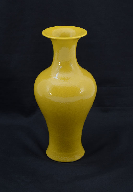 Appraisal: CHINESE EXPORT MUSTARD YELLOW CRACKLE GLAZE VASE Baluster form vase