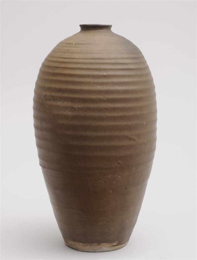 Appraisal: SONG BROWN-GLAZED POTTERY MEIPING VASE The ovoid ribbed bowl with