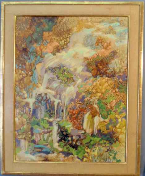 Appraisal: Oil on board Art Nouveau style landscape painting signed l