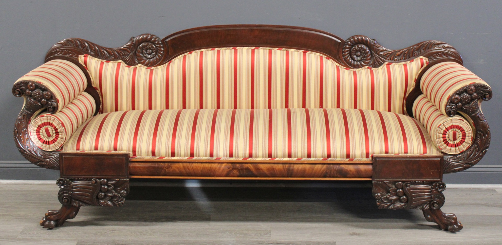 Appraisal: American Empire Carved Scroll Arm Sofa From a Brooklyn NY