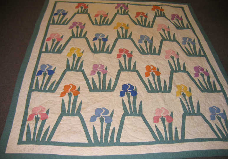 Appraisal: MULTICOLOR 'IRIS APPLIQUE' QUILT Hand pieced on white ground x