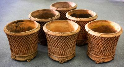 Appraisal: Six terracotta lattice pots cm high