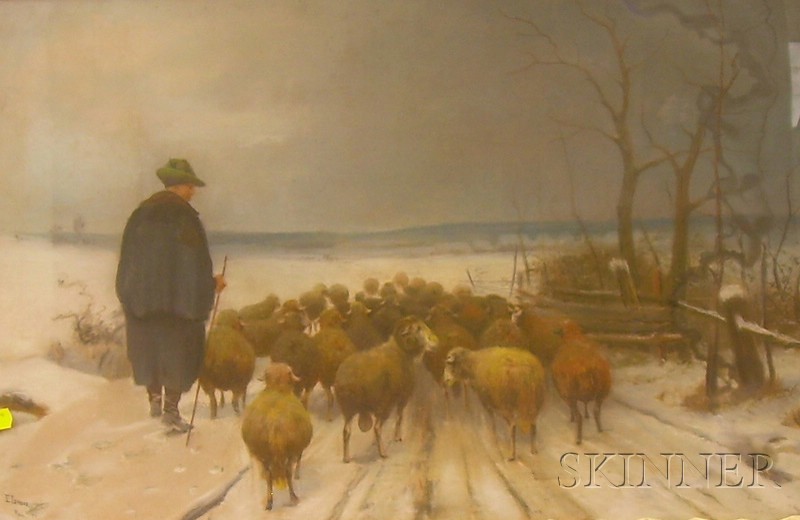 Appraisal: Framed Pastel on Paper Winter Scene with Sheep and Herder