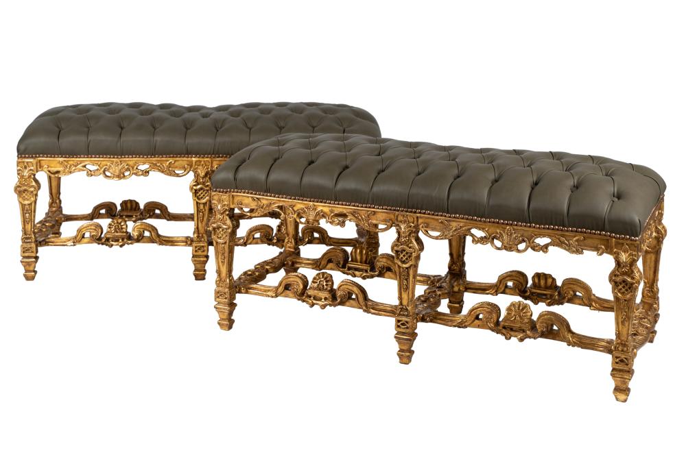 Appraisal: PAIR OF REGENCE STYLE CARVED GILT WOOD BENCHESwith tufted brown