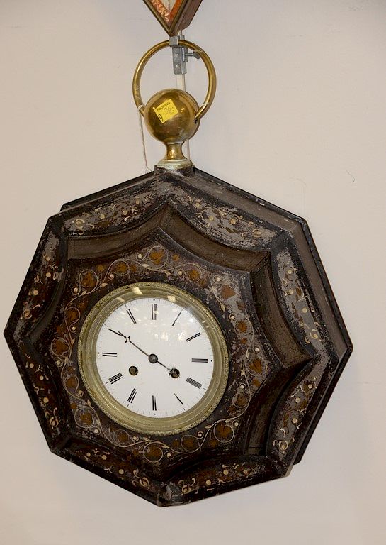 Appraisal: Regency black gilt and white painted tole wall clock of