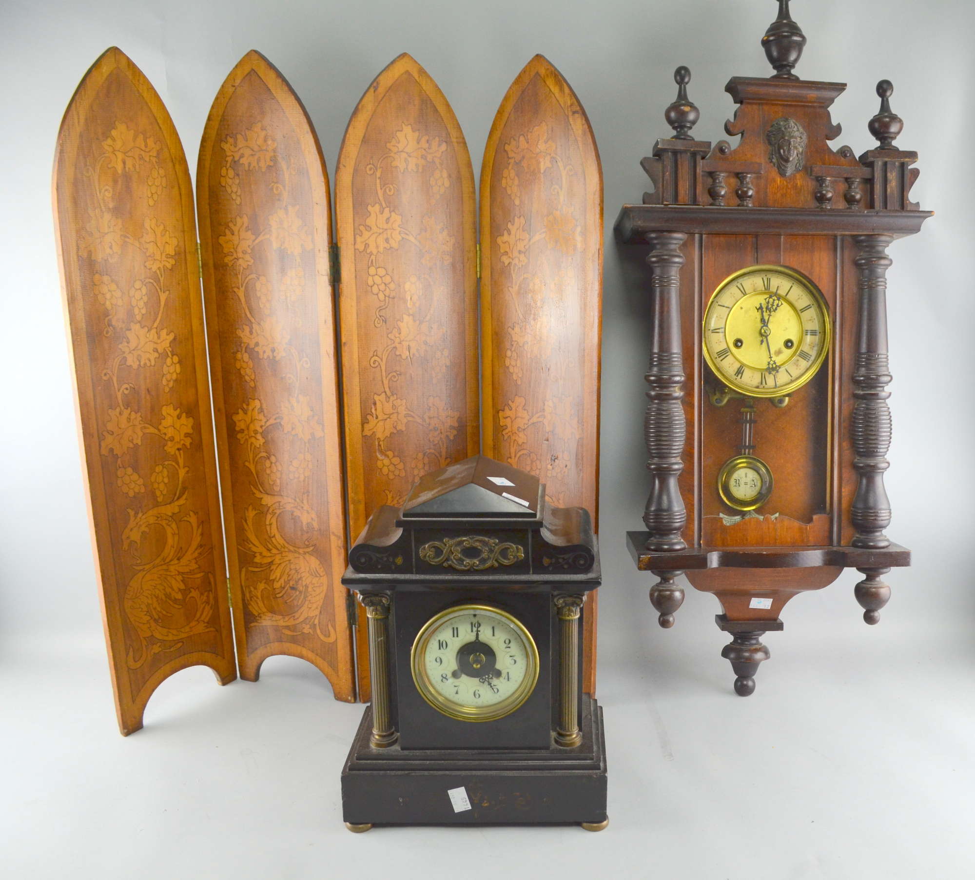 Appraisal: Walnut wall clock fire screen and polished slate mantel clock