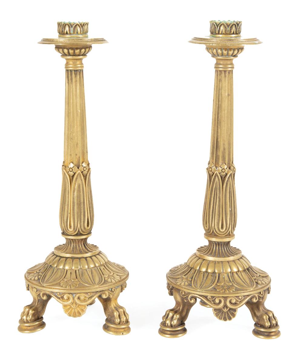 Appraisal: Pair of Antique French Bronze Candlesticks fluted and foliate shaft