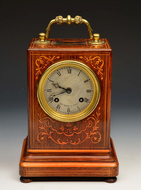 Appraisal: A FRENCH ROSEWOOD AND MARQUETRY INLAID LIBRARY CLOCK by Hry