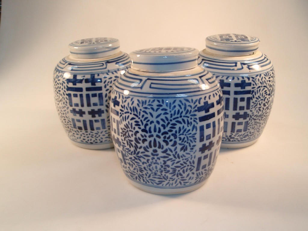 Appraisal: Three Chinese blue and white ginger jars and covers cm