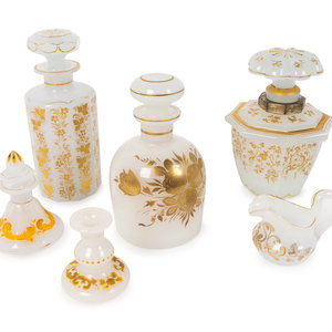 Appraisal: A Group of Six Parcel Gilt Opaline Glass Articles LATE