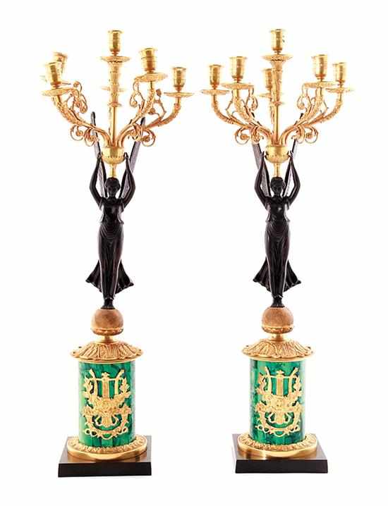 Appraisal: Pair French parcel-gilt bronze and malachite candelabra winged robed maiden