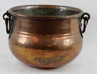 Appraisal: Copper cauldron with iron handles Vintage copper cauldron with iron