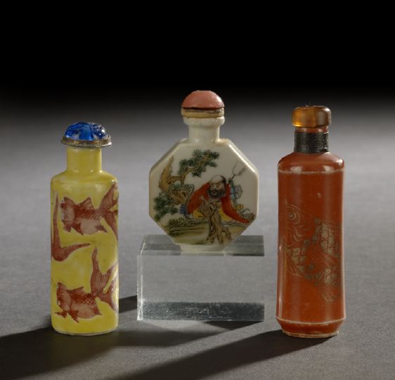 Appraisal: Group of Three Porcelain Snuff Bottles th century including an