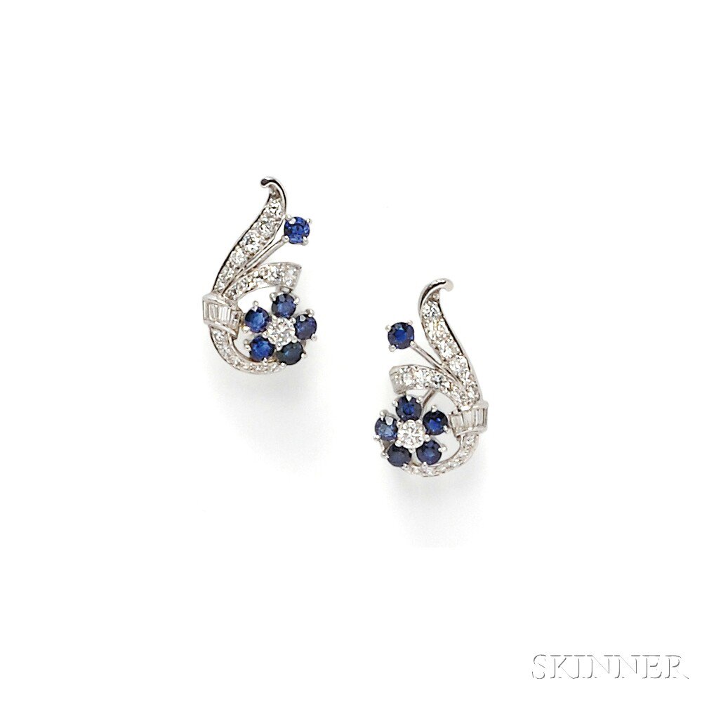 Appraisal: Platinum Sapphire and Diamond Earclips each with circular-cut sapphire and