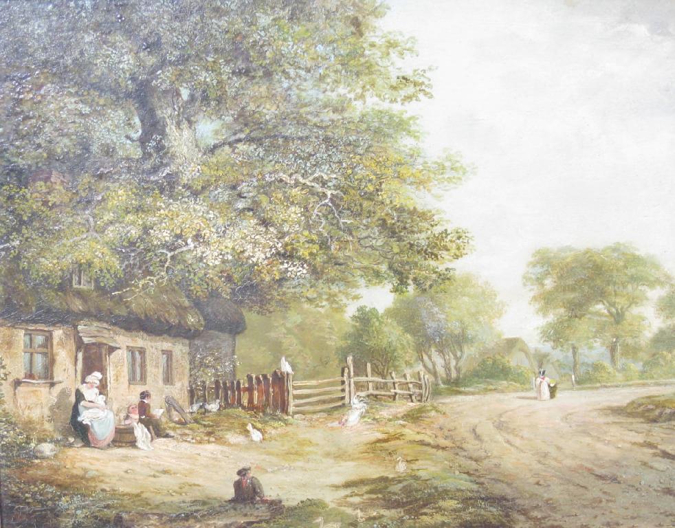 Appraisal: ENGLISH SCHOOL A rustic Landscape with Figures seated outside a