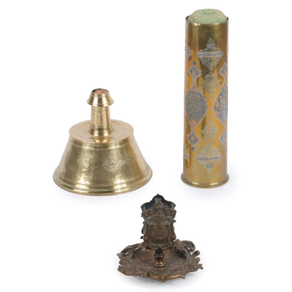 Appraisal: ISLAMIC DECORATED METALWARE OTTOMAN BRASS BELL CANDLESTICK BRONZE MATCH HOLDER