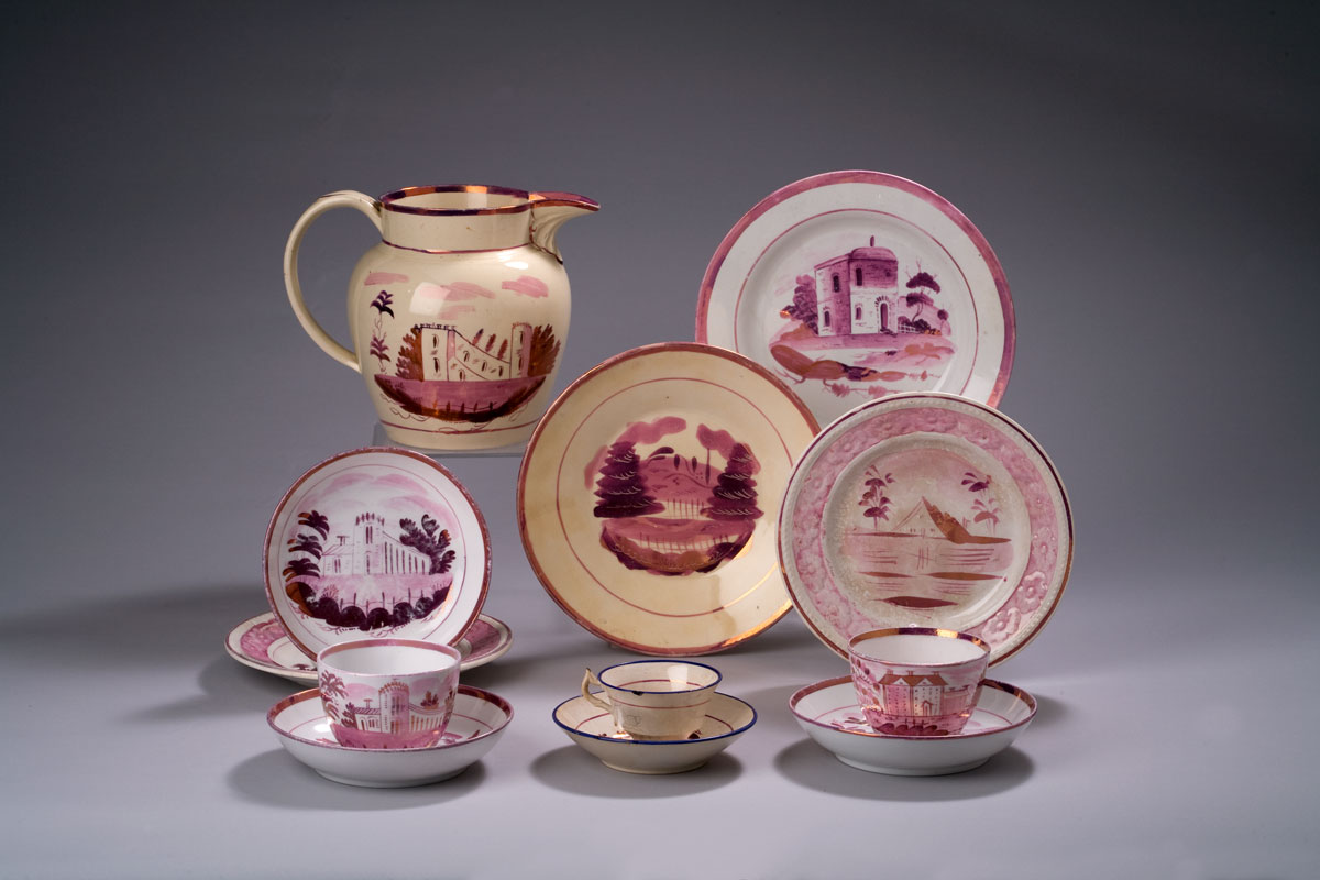 Appraisal: GROUP OF SUNDERLAND OR STAFFORDSHIRE PINK LUSTRE 'HOUSE' AND 'TOWER'