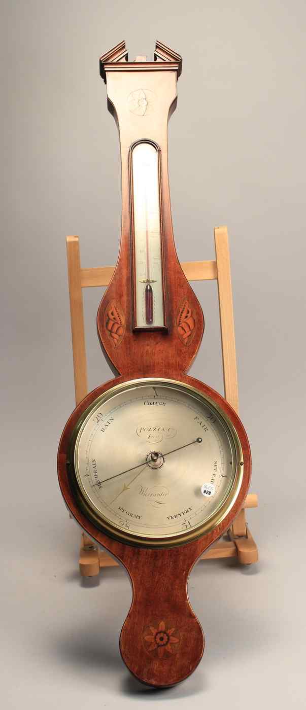 Appraisal: ENGLISH BANJO BAROMETER th CenturyMahogany case with blossom inlay at