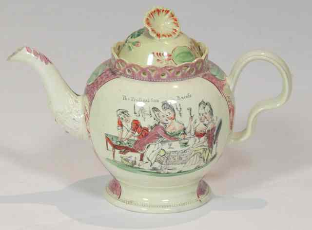 Appraisal: An th Century creamware teapot and cover with coloured engraving