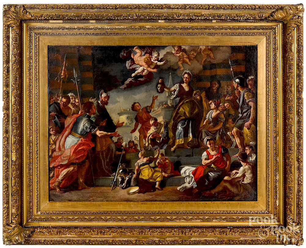 Appraisal: Continental oil on canvas allegorical scene Continental oil on canvas