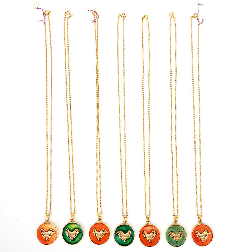 Appraisal: Bernard Chaudron Enamel Bird Necklaces Bernard Chaudron enamel bird necklaces