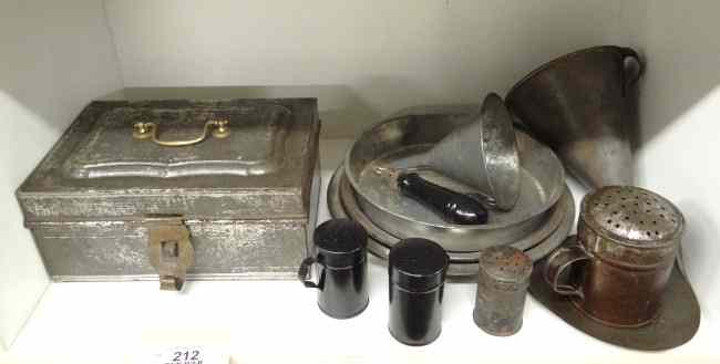 Appraisal: Lot misc metalware including pie plates funnels and spice set