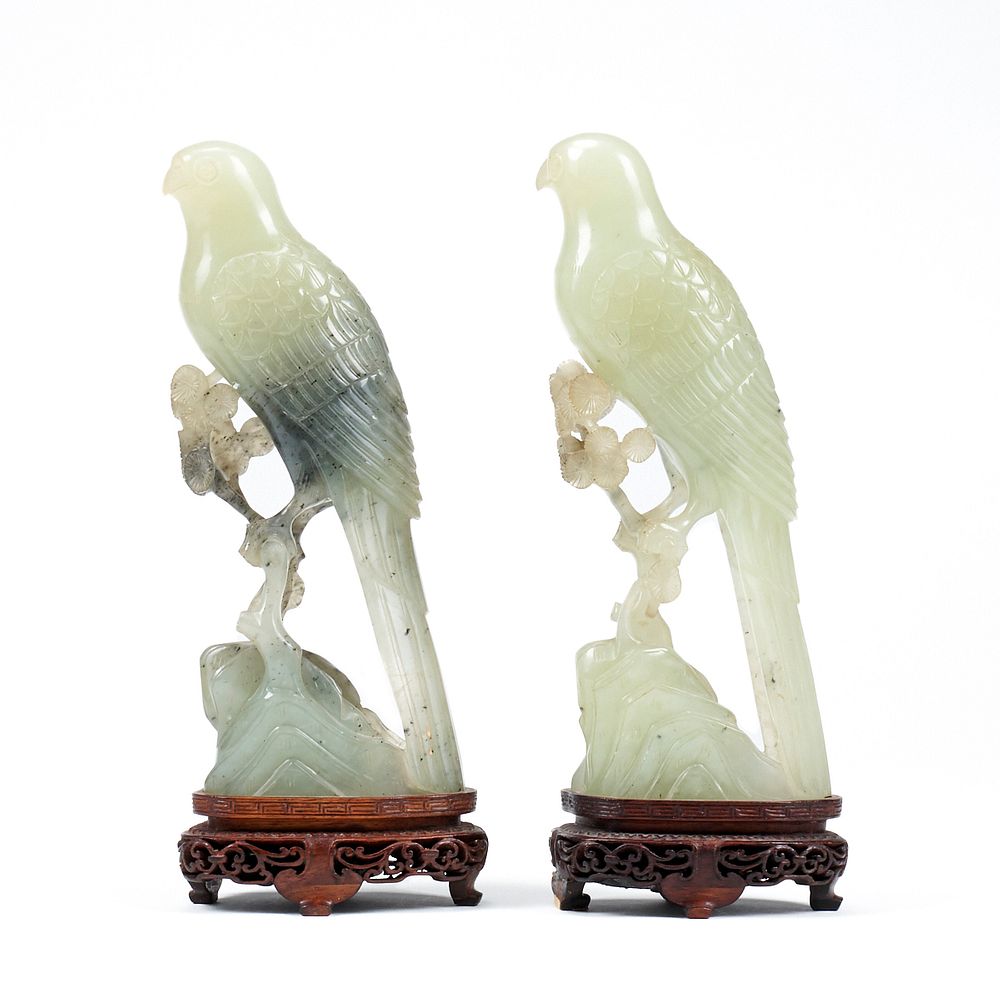 Appraisal: Grp Carved Chinese Hardstone Birds w Stands Group of two