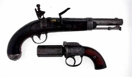 Appraisal: Antique flintlock pistol and pepperbox revolver th century consisting of