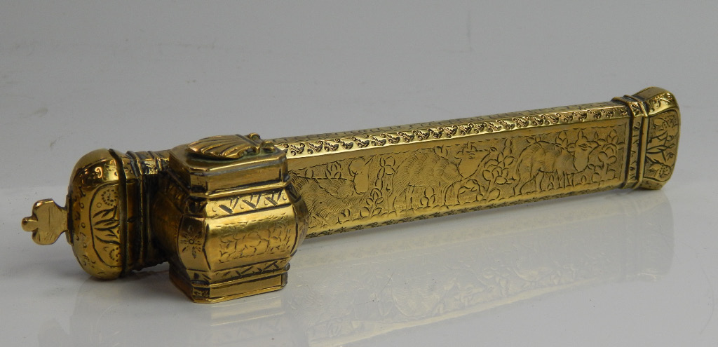 Appraisal: An Eastern brass scribe's travelling pen case and ink pot