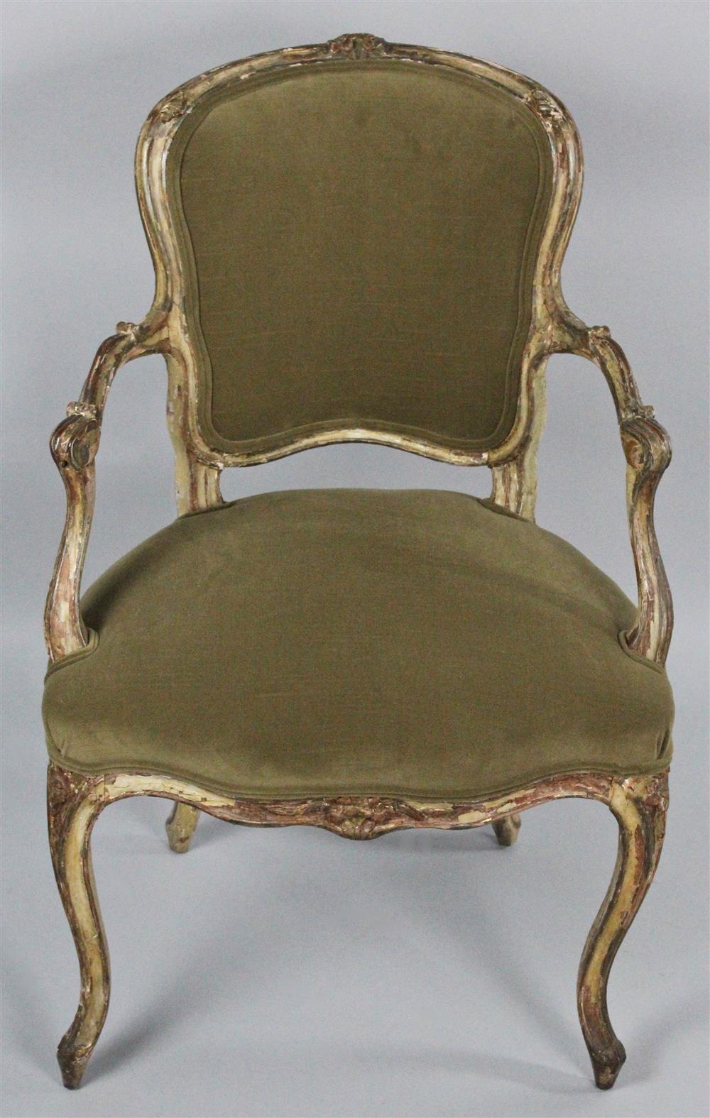 Appraisal: LOUIS XV CARVED AND PAINT DECORATED OPEN ARM CHAIR having